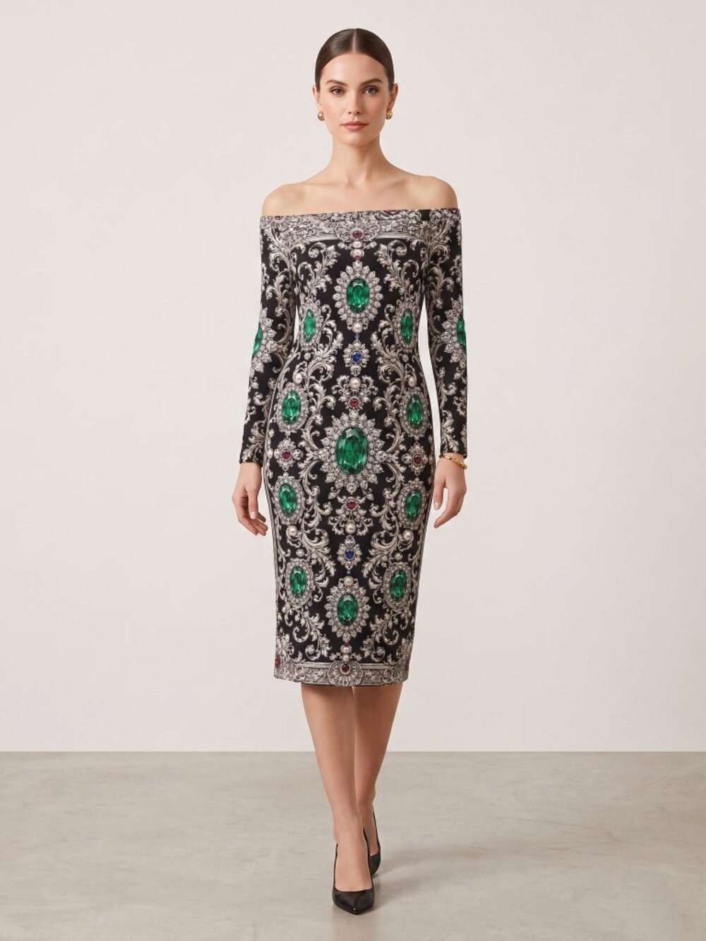 Conceptual Subculture XL Off Shoulder Midi Dress Emerald Jewel Baroque Bodycon - Picture 2 of 8